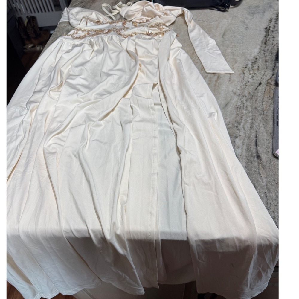 Vintage Maxi Dress Womens S Shell Embellished Halter Plunging Cream Mermaidcore - Picture 6 of 7